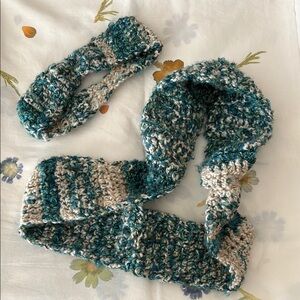 Handmade Knitted Scarf and Headband Set - Blue and Cream